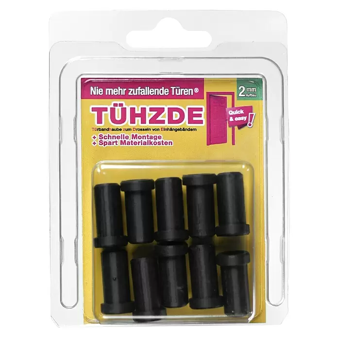 Türbandhaube TÜHZDE - Schwarz, Aufbauhöhe 2 mm - Blisterpackung mit mehreren schwarzen Türbandhauben zur Dämpfung von Einhängebändern.