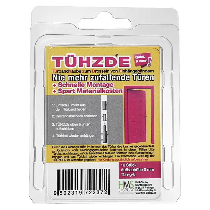 Türbandhaube TÜHZDE - Schwarz, Aufbauhöhe 0 mm - Produktverpackung für TÜHZDE Türbanddämpfer, die das Zuschlagen von Türen verhindern.