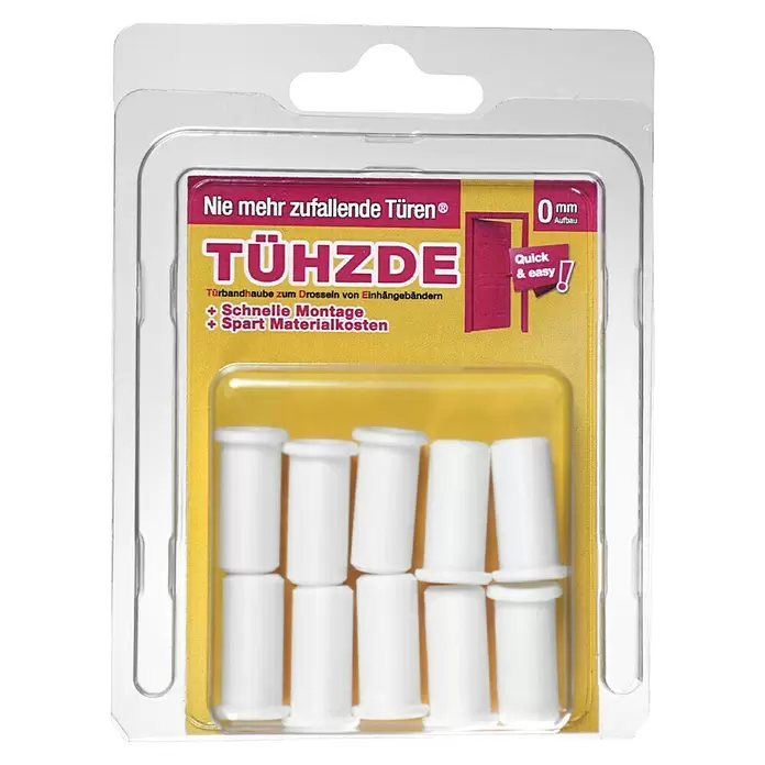 Türbandhaube TÜHZDE - Weiß, Aufbauhöhe 0 mm - Verpackung mit weißen Kunststoff-Einsätzen für Türbänder, die das Zuschlagen von Türen verhindern.
