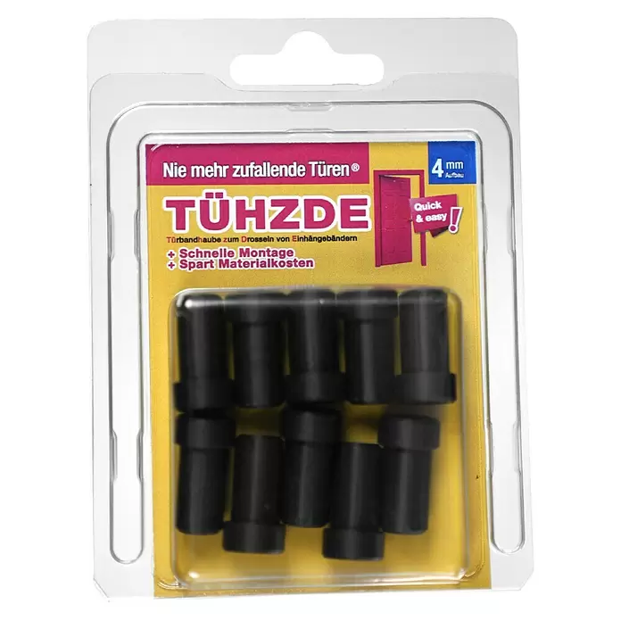 Türbandhaube TÜHZDE - Schwarz, Aufbauhöhe 4 mm - Zehn schwarze Kunststoff-Türbandpuffer in Blisterverpackung, zum Verhindern von zuschlagenden Türen.