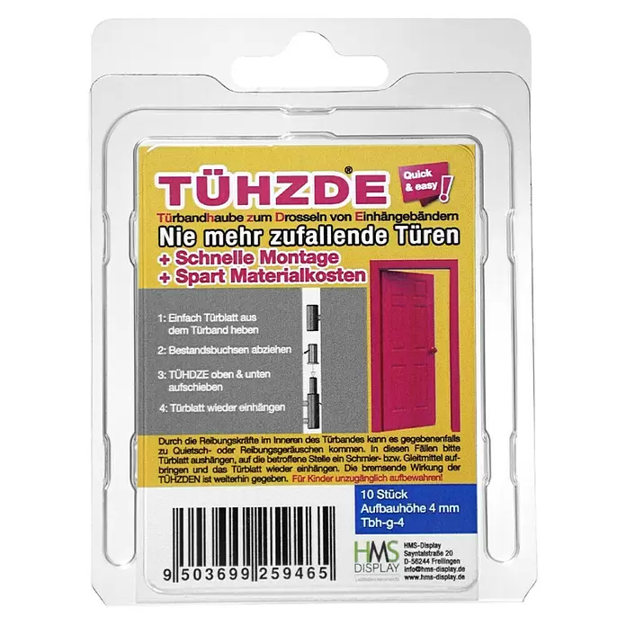 Türbandhaube TÜHZDE - Schwarz, Aufbauhöhe 4 mm - TÜHZDE Türbandhauben in Blisterverpackung, entwickelt zum Drosseln und Verlangsamen von schließenden Türen.