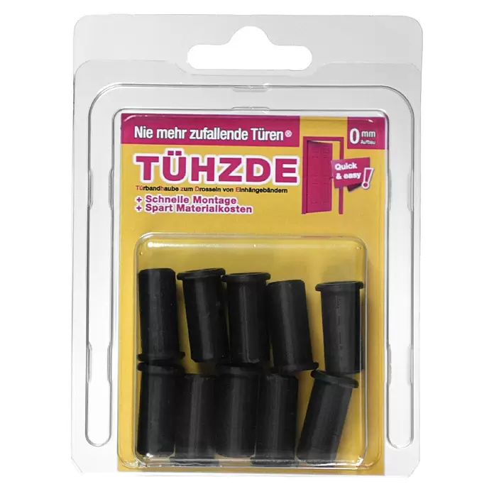 Türbandhaube TÜHZDE - Schwarz, Aufbauhöhe 0 mm - Schwarze zylindrische Türscharnierdämpfer in Blisterverpackung, verhindern zuschlagende Türen.