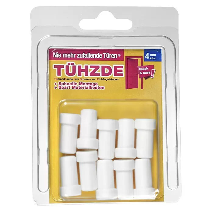 Türbandhaube TÜHZDE - Weiß, Aufbauhöhe 4 mm - Blisterpackung mit 10 weißen Kunststoff-Türbandhauben zur Drosselung von Einhängebändern, die zuschlagende Türen verhindern, 4mm Aufbau.