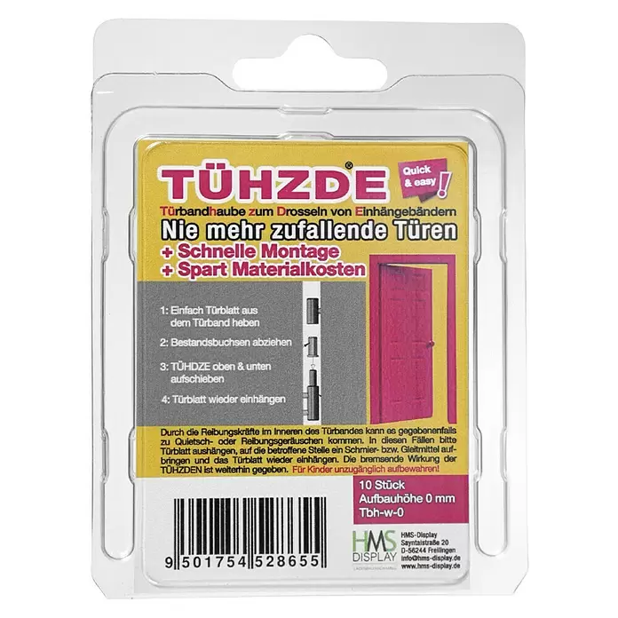 Türbandhaube TÜHZDE - Weiß, Aufbauhöhe 0 mm - Ein Tühzde Türdämpfungssystem in klarer Blisterverpackung mit gelb-rosa Etikett, um Türen am Zuschlagen zu hindern.