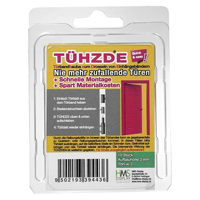 Türbandhaube TÜHZDE - Weiß, Aufbauhöhe 2 mm - Blisterpackung mit Türbanddämpfern (TÜHZDE) gegen zufallende Türen, mit gelb-rotem Produktetikett.