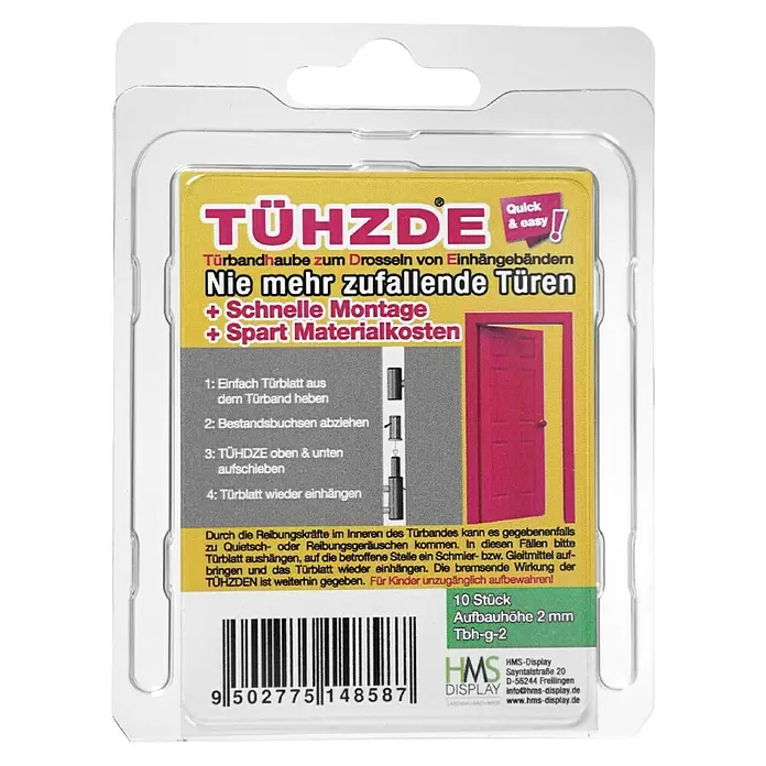 Türbandhaube TÜHZDE - Schwarz, Aufbauhöhe 2 mm - Blisterpackung mit TÜHZDE Türbandhauben zum Dämpfen von Türscharnieren, gegen zuschlagende Türen.