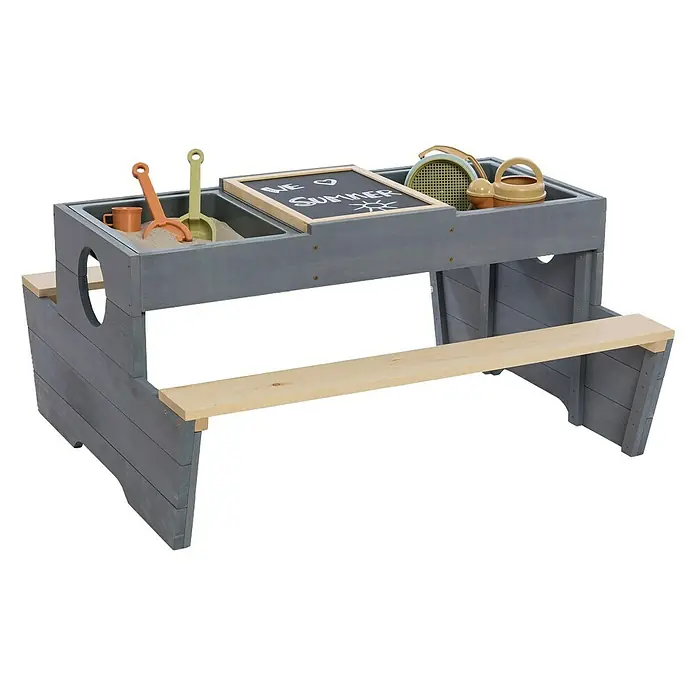 Muddy Buddy Kinder-Picknicktisch Creator - L x B x H: 100 x 90 x 50 cm, Holz, Natur/Wolkengrau - Grauer Picknicktisch mit Sandkasten und Tafel. Das ideale Spielgerät für den Garten, um Kinder zu beschäftigen und die Kreativität zu fördern.