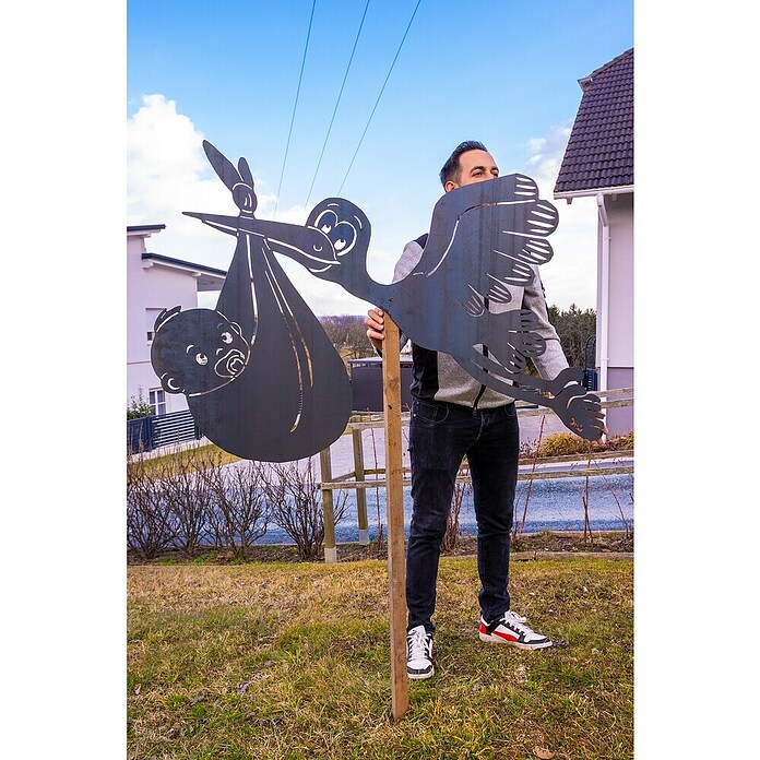 Gartendeko Storch mittel (Breite: 100 cm, Stahl, Silber, Passend für: Ein Baby) | BAUHAUS