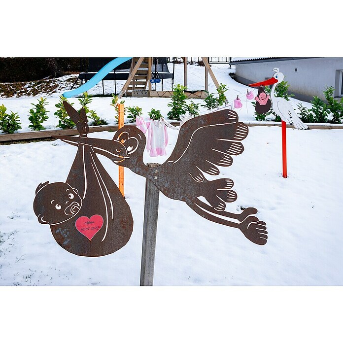 Gartendeko Storch mittel (Breite: 100 cm, Stahl, Silber, Passend für: Ein Baby) | BAUHAUS