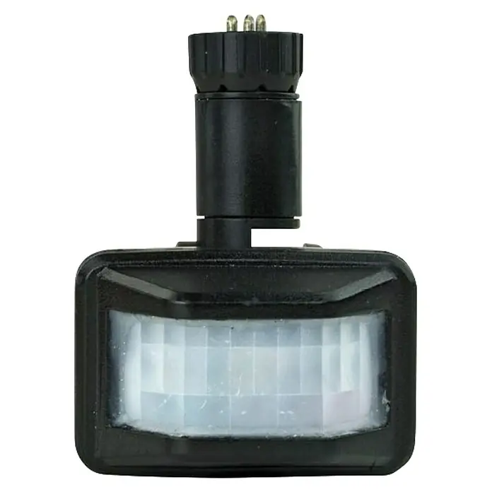 E2 elektro Bewegungsmelder Pro - Reichweite Sensor: 10 m, Erfassungswinkel Sensor: 120 °, L x B x H: 58 x 43 x 59 mm - Nahaufnahme eines schwarzen Bewegungsmelders mit einem Sensor, der Umgebungsbewegungen erfasst.