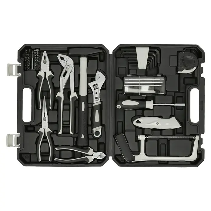 Werkzeugkoffer Home - 27 -tlg. - Werkzeugkoffer mit einer Auswahl an Werkzeugen wie Hammer, Schraubenschlüssel, Schraubendreher, Zange, Inbusschlüssel und Säge.