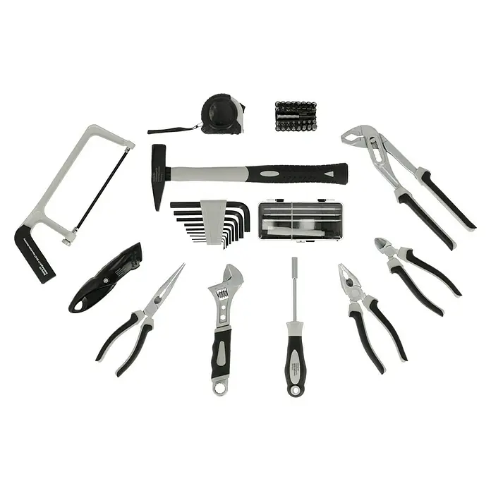 Werkzeugkoffer Home - 27 -tlg. - Vielseitiges Werkzeugset für Heimwerker und Profis. Enthält Hammer, Schraubenschlüssel, Zangen, Schraubendreher und mehr für diverse Reparatur- und Bauarbeiten.