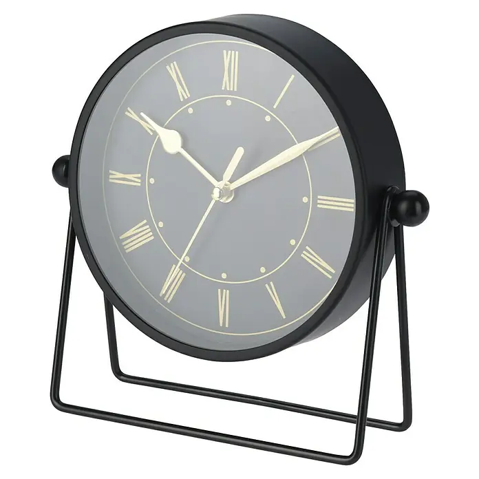 Reloj de mesa - Negro, 18 x 19 cm - Reloj de mesa negro con números romanos y un diseño elegante y minimalista, perfecto para cualquier escritorio o mesita de noche.