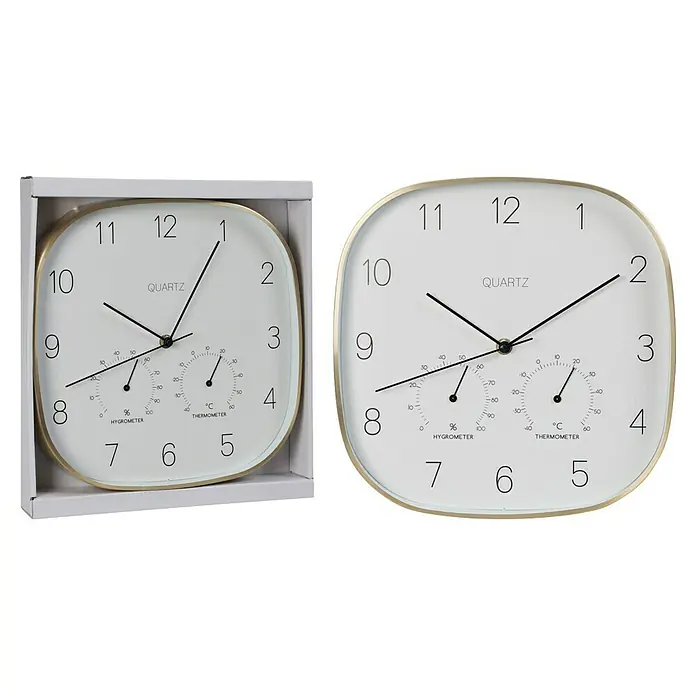 Reloj de pared Termo & Hygro - Diámetro: 28 cm, Oro, Clásico - Reloj de pared cuadrado con marco dorado, esfera blanca e indicadores de higrómetro y termómetro para la vigilancia interior.