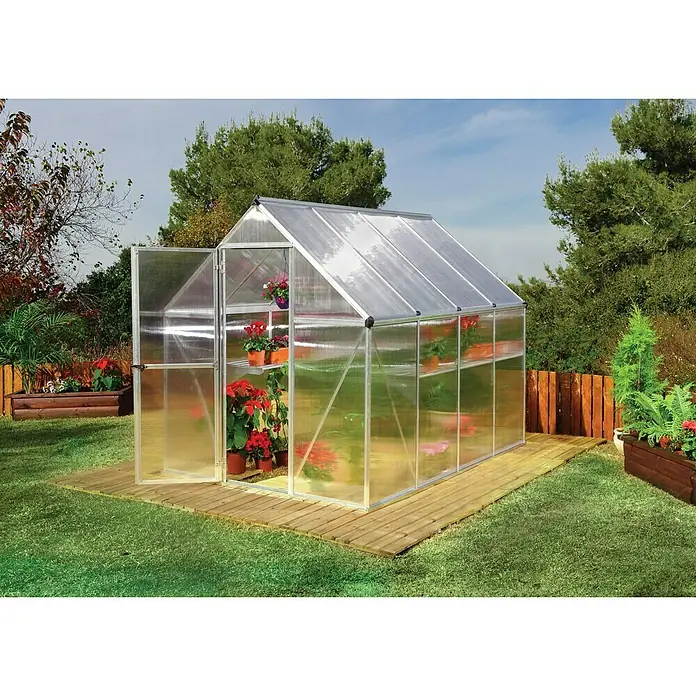Palram – Canopia Invernadero Mythos - Medidas ext. (An x Pr): 185 x 247 cm, 4 mm, Plateado - Invernadero con puerta abierta, rodeado de vegetación. Las plantas dentro y fuera del invernadero animan la escena.