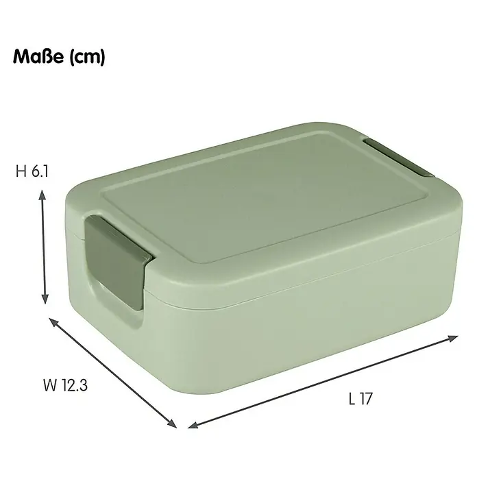 Sunware Sigma home Lunchbox - L x B x H: 17 x 12,3 x 6,1 cm, Grün - Abbildung einer grünen Lunchbox mit den Maßen Länge 17 cm, Breite 12,3 cm und Höhe 6,1 cm.