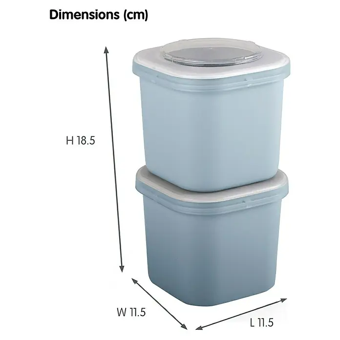 Sunware Sigma home Lunchbox Food to go - L x B x H: 9,3 x 9,3 x 16,7 cm, Farbe: Blau - Abbildung von zwei übereinander gestapelten quadratischen Vorratsbehältern aus blauem Kunststoff, die die Abmessungen zeigen.