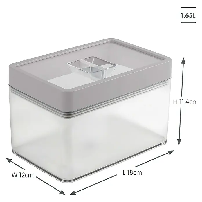 Sunware Sigma home Vorratsdose - L x B x H: 18 x 12 x 11,4 cm, Transparent, Kunststoff - Luftdichter Vorratsbehälter mit grauem Deckel und transparentem Körper. Länge 18cm, Breite 12cm, Höhe 11,4cm, Volumen 1,65L.