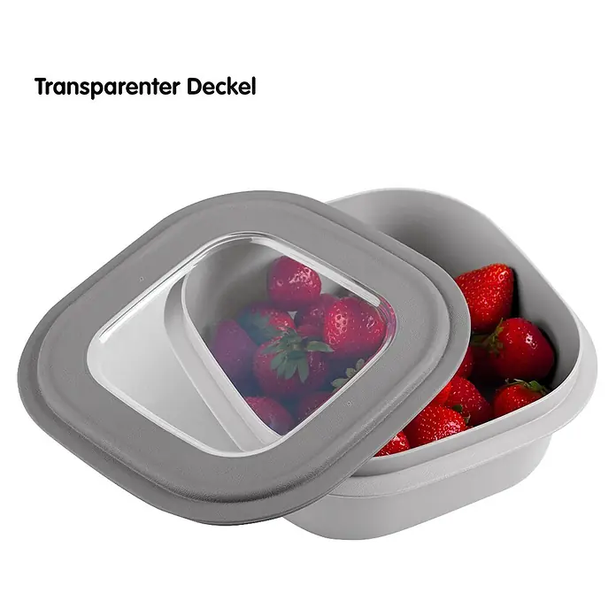 Sunware Sigma home Frischhaltedose - L x B x H: 23 x 23 x 12,4 cm, Grau, 3,8 l - Graue Frischhaltedose mit transparentem Deckel voller Erdbeeren, ideal für die Aufbewahrung von frischen Lebensmitteln.