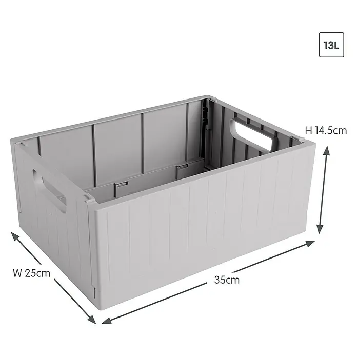 Sunware Sigma home Klappbox - L x B x H: 35 x 25 x 14,5 cm, Grau - Grauer 13L Faltbarer Aufbewahrungskorb aus Kunststoff mit Maßangaben (H 14,5cm, B 25cm, T 35cm) zur platzsparenden Lagerung.