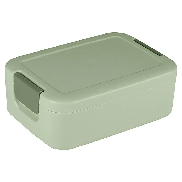 Sunware Sigma home Lunchbox - L x B x H: 17 x 12,3 x 6,1 cm, Grün - Eine hellgrüne, rechteckige Lunchbox mit einem grauen Verschluss, ideal für unterwegs, bietet eine praktische Lösung für Mahlzeiten.