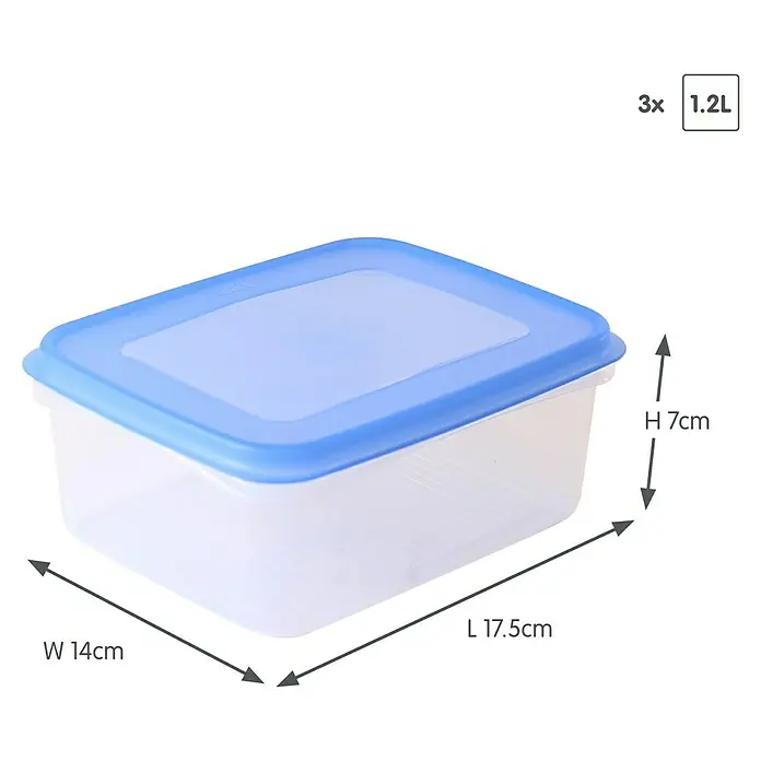 Sunware Gefrierdose Club Cuisine - 1,2 l, L x B x H: 17,5 x 14 x 7 cm, Farbe Deckel: Blau - Ein rechteckiger 1.2L Lebensmittelbehälter aus Kunststoff mit blauem Deckel. Abmessungen sind Länge 17.5cm, Breite 14cm, Höhe 7cm, verkauft als 3er-Set.