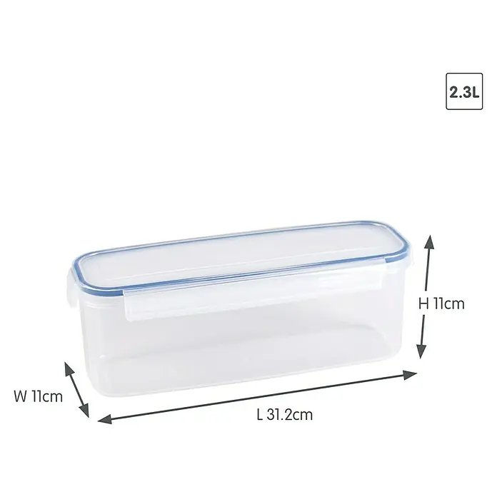 Sunware Frischhaltedose Basic - L x B x H: 31,2 x 11 x 11 cm, Transpatent - Ein durchsichtiger 2,3L Frischhaltebehälter aus Kunststoff mit blauem Deckel und den Maßen H 11cm, W 11cm, L 31.2cm.