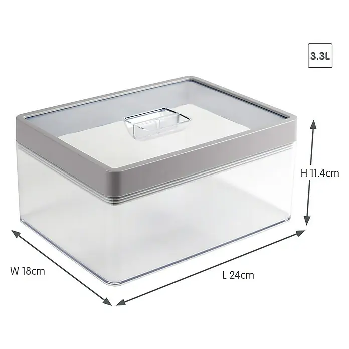 Sunware Sigma home Vorratsdose - L x B x H: 24 x 18 x 11,4 cm, Transparent, Kunststoff - Produktfoto einer transparenten 3,3L Aufbewahrungsbox mit grauem Deckel, versehen mit Maßangaben zu Länge, Breite und Höhe.