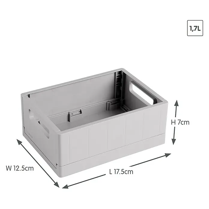 Sunware Sigma home Klappbox - L x B x H: 17,5 x 12,5 x 7 cm, Grau - Abgebildeter, grauer Lagerungskorb mit den Maßen 17,5 cm Länge, 12,5 cm Breite und 7 cm Höhe. Hilfreich zur Aufbewahrung von Gegenständen.