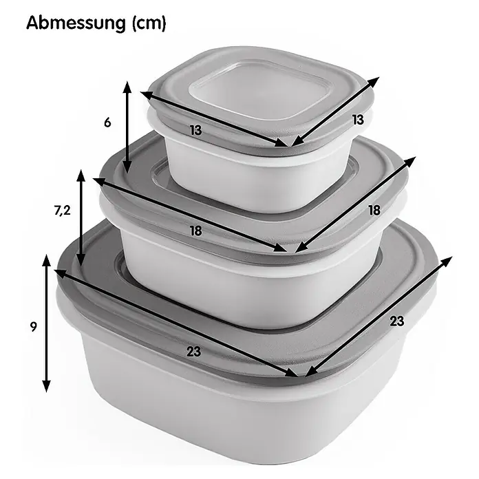 Sunware Sigma home Frischhaltedose - L x B x H: 23 x 23 x 12,4 cm, Grau, 3,8 l - Stapelbare Aufbewahrungsbehälter mit grauen Deckeln und verschiedenen Größen, die durch Maßangaben in cm gekennzeichnet sind, ideal für die Küchenorganisation.