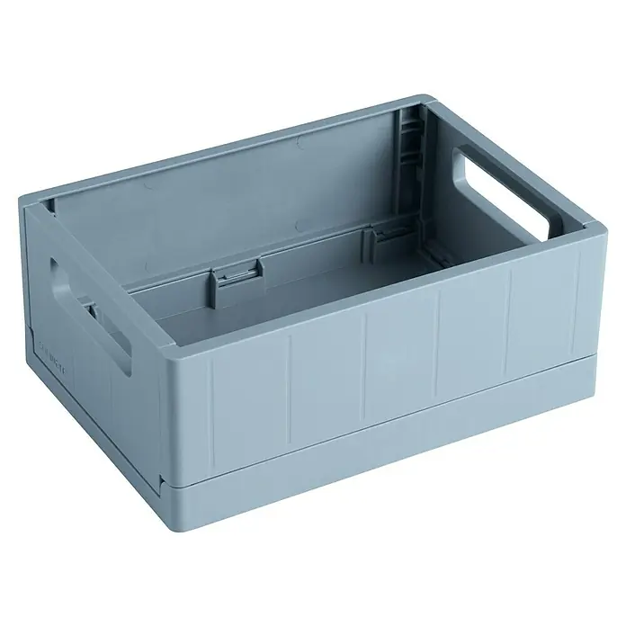 Sunware Sigma home Klappbox - L x B x H: 17,5 x 12,5 x 7 cm, Blau - Ein graublauer, leerer Lagerbehälter aus Kunststoff mit Griffen an den Seiten und einem robusten, stapelbaren Design zur Aufbewahrung.