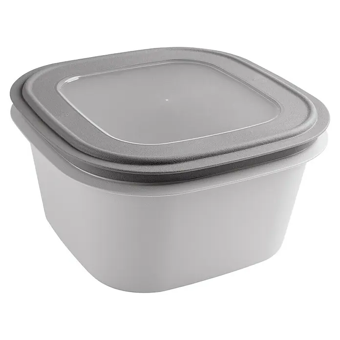 Sunware Sigma home Frischhaltedose - L x B x H: 23 x 23 x 12,4 cm, Grau, 3,8 l - Ein quadratischer, weißer Lebensmittelbehälter mit grauem Deckel, ideal zur Aufbewahrung von Speisen.