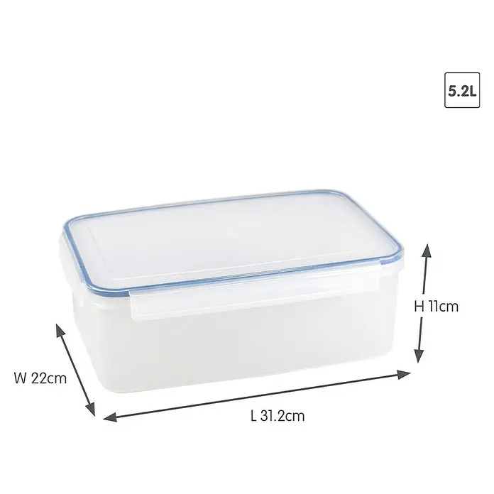 Sunware Frischhaltedose Basic - L x B x H: 31,2 x 22 x 11 cm, Transpatent - Ein transparenter 5,2L Frischhaltebehälter mit blauem Deckelrand und den Maßen L 31.2cm, B 22cm und H 11cm.