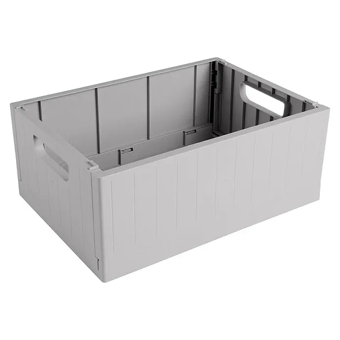 Sunware Sigma home Klappbox - L x B x H: 35 x 25 x 14,5 cm, Grau - Aufnahme eines leeren, zusammenklappbaren, grauen Lagerbehälters mit Griffen, der sich ideal zur Aufbewahrung und Organisation eignet.