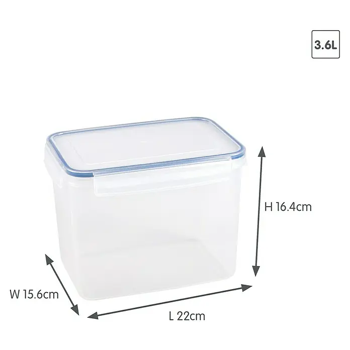 Sunware Frischhaltedose Basic - L x B x H: 22 x 15,6 x 16,4 cm, Transpatent - Bild eines transparenten 3,6L Frischhaltebehälters mit blauen Akzenten und Größenangaben.