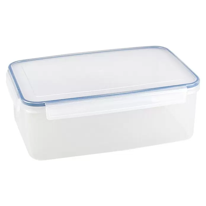 Sunware Frischhaltedose Basic - L x B x H: 31,2 x 22 x 11 cm, Transpatent - Transparente, rechteckige Lebensmittelaufbewahrungsbox aus Kunststoff mit klarem Deckel und blauem Dichtungsrand.