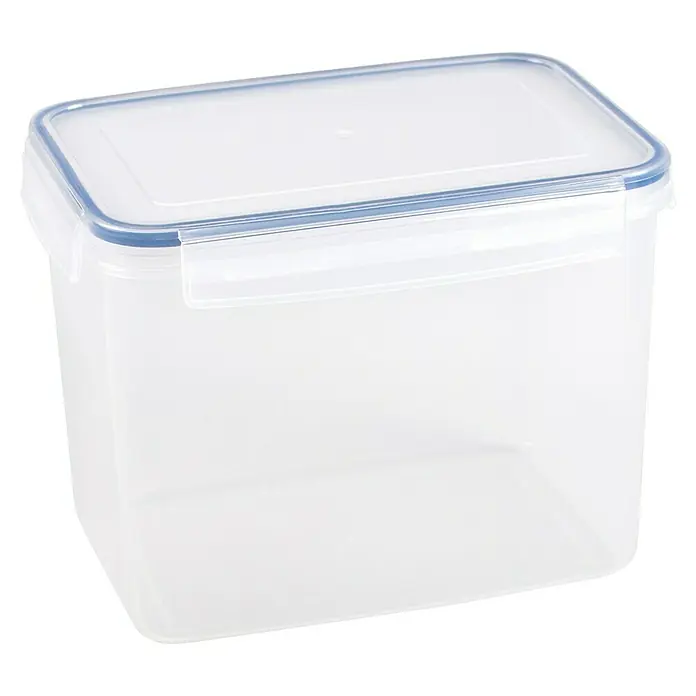 Sunware Frischhaltedose Basic - L x B x H: 22 x 15,6 x 16,4 cm, Transpatent - Ein durchsichtiger, rechteckiger Vorratsbehälter mit blauem Dichtungsring und Verschlussclip, ideal für die Küchenorganisation und Lebensmittelaufbewahrung.