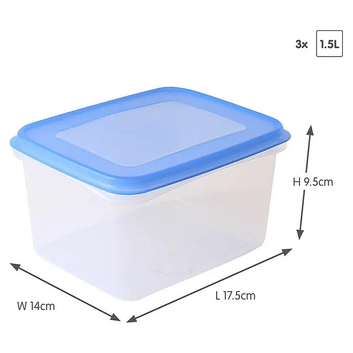 Sunware Gefrierdose Club Cuisine - 1,5 l, L x B x H: 17,5 x 14 x 9,5 cm, Farbe Deckel: Blau - Frischhaltedose mit blauem Deckel, Abmessungen: 17,5 cm Länge, 14 cm Breite, 9,5 cm Höhe. Ideal für die Aufbewahrung von Lebensmitteln.