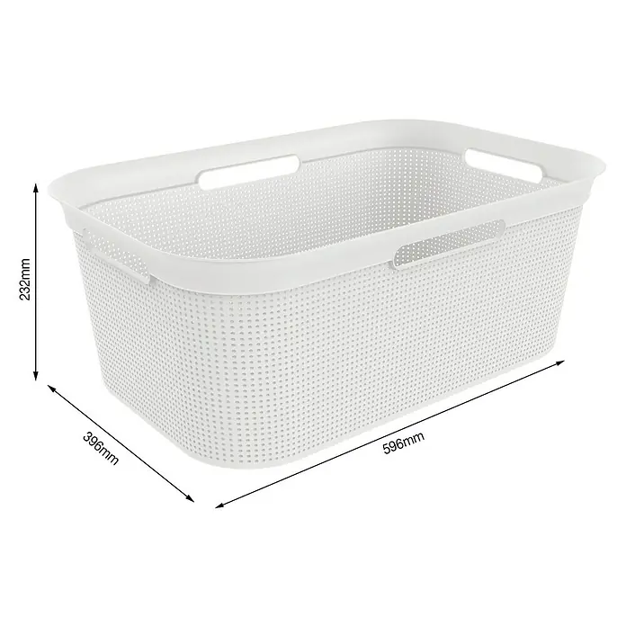 Rotho Wäschekorb Brisen - L x B x H: 59,6 x 39,6 x 23,2 cm, Kunststoff, Weiß - Bild einer weißen Wäschetruhe mit den Maßen 596mm x 396mm x 232mm zur Illustration der Produktabmessungen.