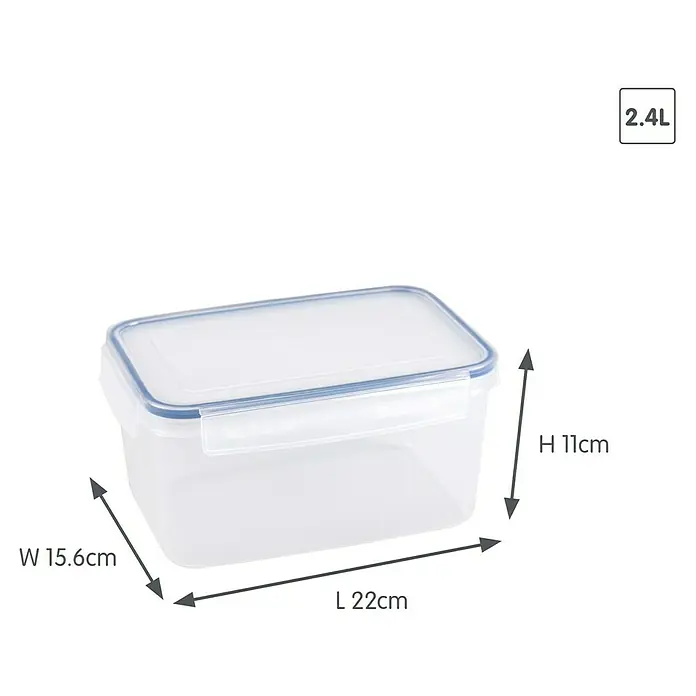 Sunware Frischhaltedose Basic - L x B x H: 22 x 15,6 x 11 cm, Transpatent - Ein rechteckiger 2,4L Vorratsbehälter mit den Maßen L 22cm, B 15,6cm und H 11cm.