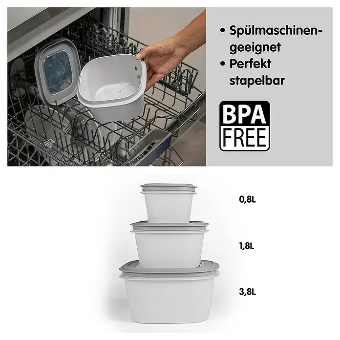 Sunware Sigma home Frischhaltedose - L x B x H: 23 x 23 x 9 cm, Grau, 2,8 l - Bild von stapelbaren, BPA-freien Frischhaltedosen, spülmaschinengeeignet, in verschiedenen Größen (0,8L, 1,8L, 3,8L), die in einem Geschirrspüler platziert werden.