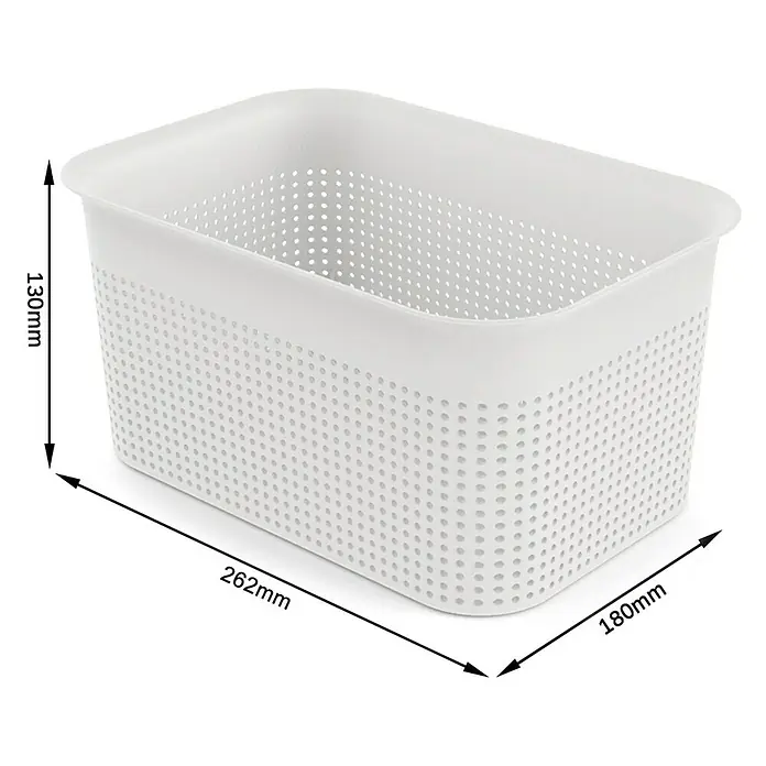 Rotho Aufbewahrungsbox Brisen - L x B x H: 26,2 x 18 x 13 cm, Kunststoff, Weiß - Abbildung eines weißen, rechteckigen Aufbewahrungskorbs aus Kunststoff mit Lochmuster und Maßangaben.
