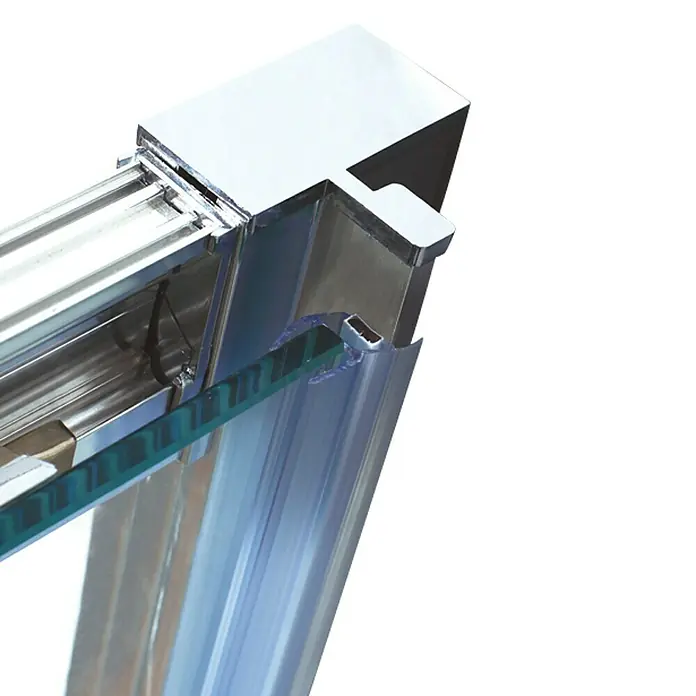GME Mampara de ducha frontal Prestige - 100 x 195 cm, Anodizado, Espesor de vidrio: 8 mm, Plata brillo - Primer plano de un marco de vidrio y cromo para cabina de ducha, con detalles elegantes ideales para renovaciones de baños.
