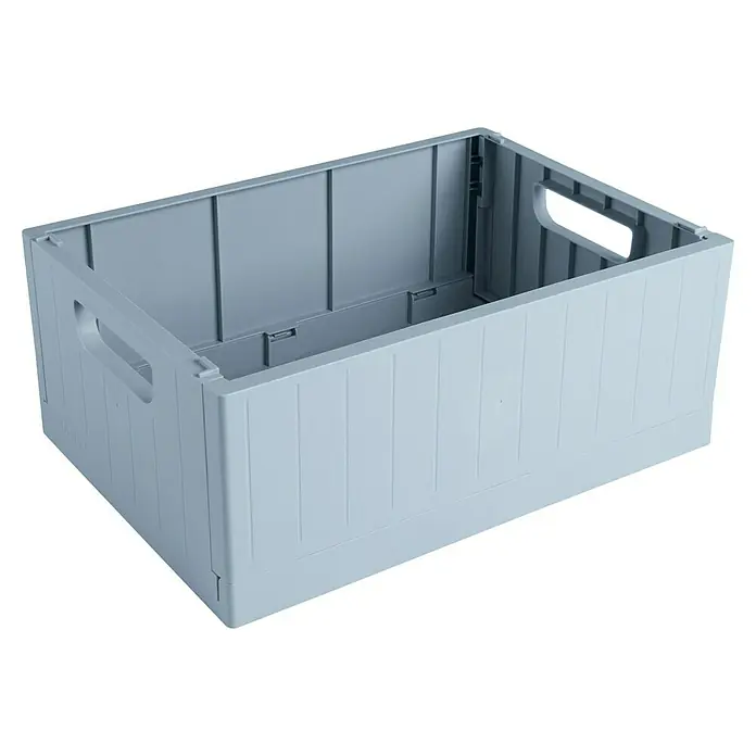 Sunware Sigma home Klappbox - L x B x H: 35 x 25 x 14,5 cm, Blau - Ein grauer, leerer Faltkasten aus Kunststoff mit Griffen an den Seiten, ideal für die Lagerung und Organisation von Gegenständen.