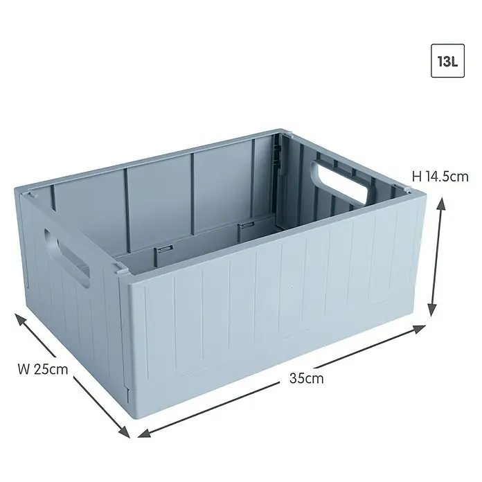 Sunware Sigma home Klappbox - L x B x H: 35 x 25 x 14,5 cm, Blau - Bild eines 13-Liter-Aufbewahrungsbehälters mit den Maßen H 14,5 cm, B 25 cm und L 35 cm.