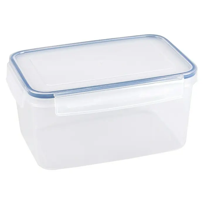 Sunware Frischhaltedose Basic - L x B x H: 22 x 15,6 x 11 cm, Transpatent - Eine rechteckige, transparente Frischhaltedose mit blauem Rand und einem Verriegelungsmechanismus zur sicheren Aufbewahrung von Lebensmitteln.