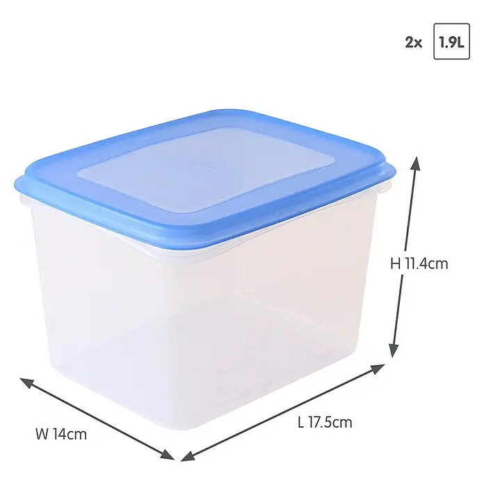 Sunware Gefrierdose Club Cuisine - 1,9 l, L x B x H: 17,5 x 14 x 11,4 cm, Farbe Deckel: Blau - Ein rechteckiger Frischhaltebehälter mit blauem Deckel und den Maßen 17,5 x 14 x 11,4 cm, ideal zur Aufbewahrung von Lebensmitteln.