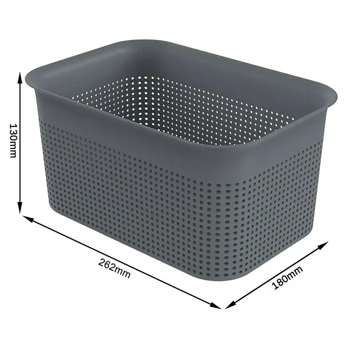 Rotho Aufbewahrungsbox Brisen - L x B x H: 26,2 x 18 x 13 cm, Kunststoff, Anthrazit - Ein grauer, rechteckiger Aufbewahrungskorb aus Kunststoff mit Löchern, der sich ideal für die Organisation eignet. Die Maße sind sichtbar.