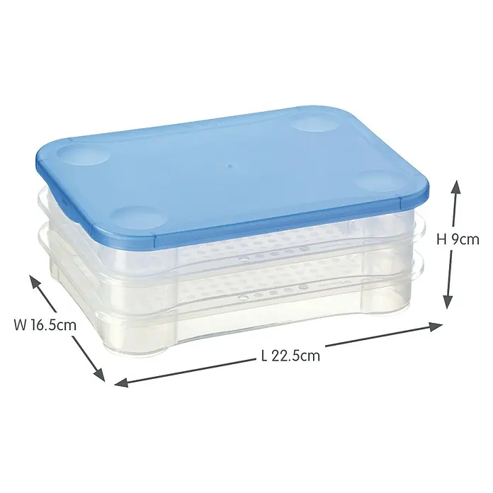 Sunware Frischhaltedose Club Cuisine - L x B x H: 22,5 x 16,5 x 9 cm - Produktansicht einer transparenten, stapelbaren Frischhaltebox mit blauem Deckel, mit Breiten-, Längen- und Höhenangaben in cm.