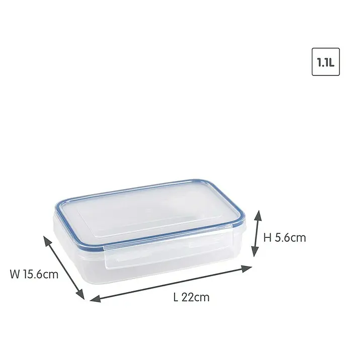 Sunware Frischhaltedose Basic - L x B x H: 22 x 15,6 x 5,6 cm, Transpatent - Transparente 1.1L Frischhaltedose mit blauen Akzenten und Größenangaben.